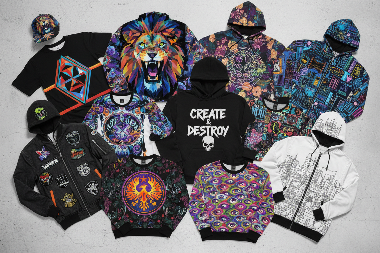 a bunch of custom clothing with designs on them